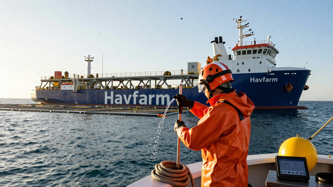 Trabalhador em fato de proteção laranja numa embarcação com navio Havfarm ao fundo no mar.