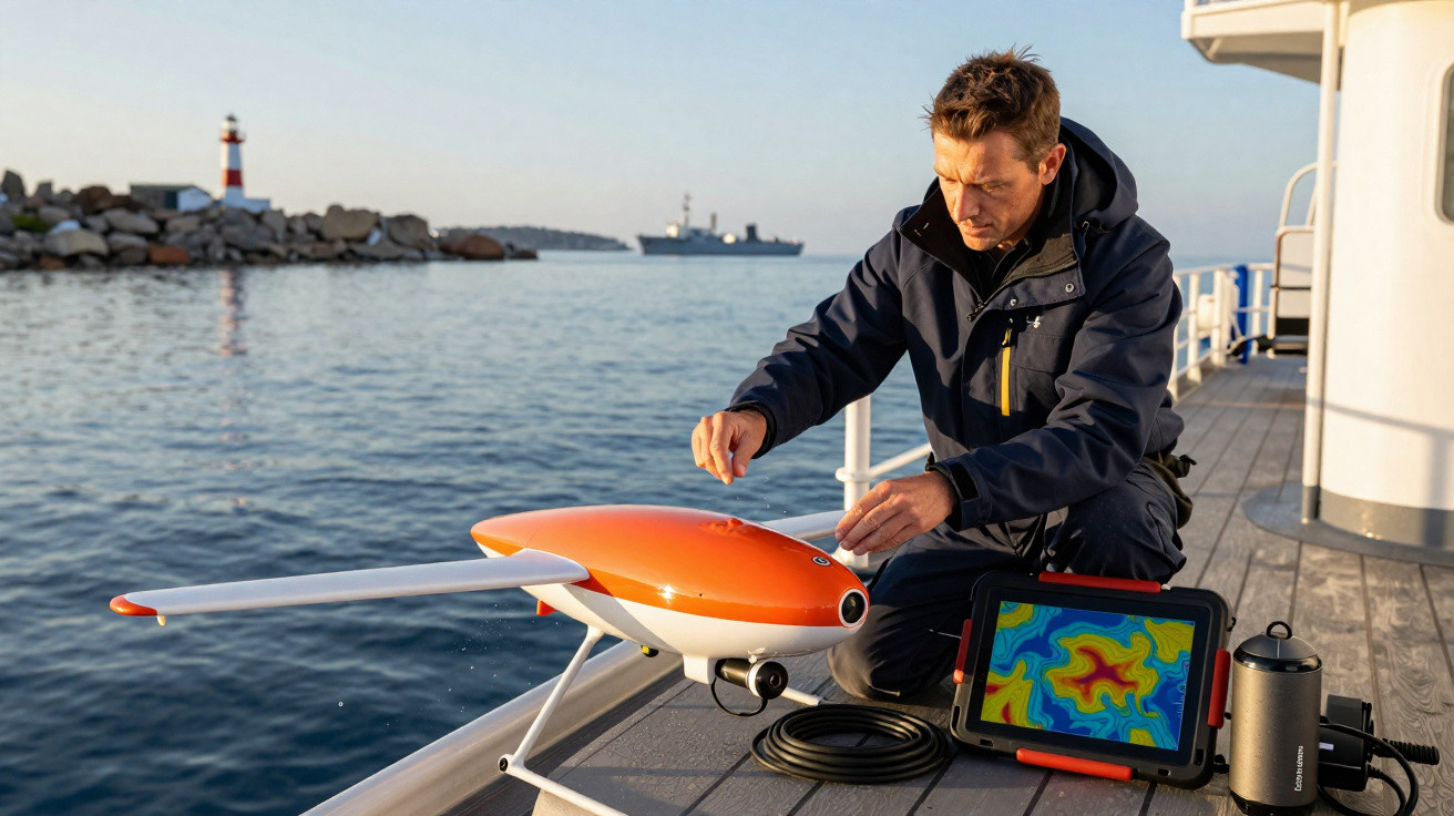 Homem a preparar drone alaranjado junto a tablet com mapa térmico num barco no mar ao entardecer.