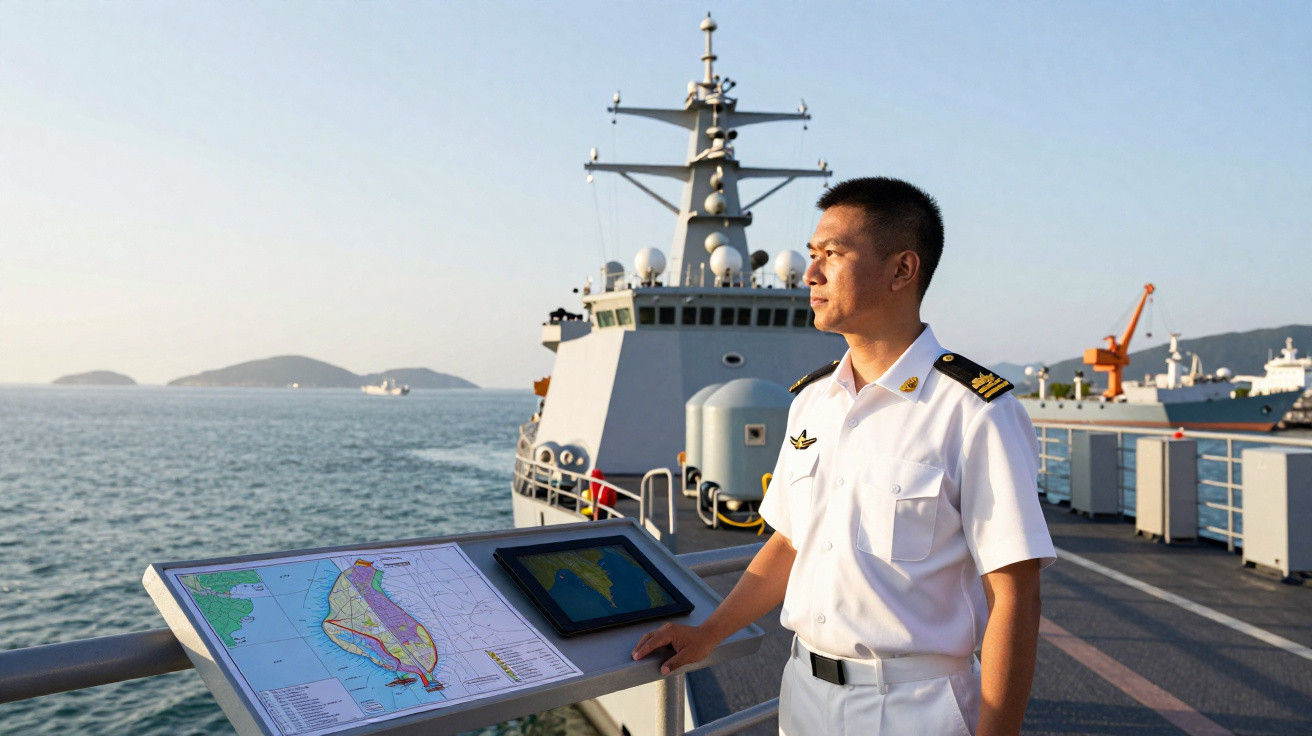 Oficial naval em uniforme branco observa o horizonte a bordo de um navio militar com mapas na frente.