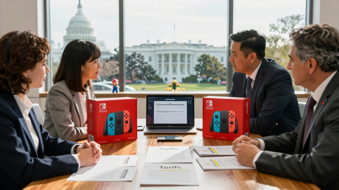 Quatro pessoas em reunião formal com caixas de Nintendo Switch e Capitólio ao fundo.