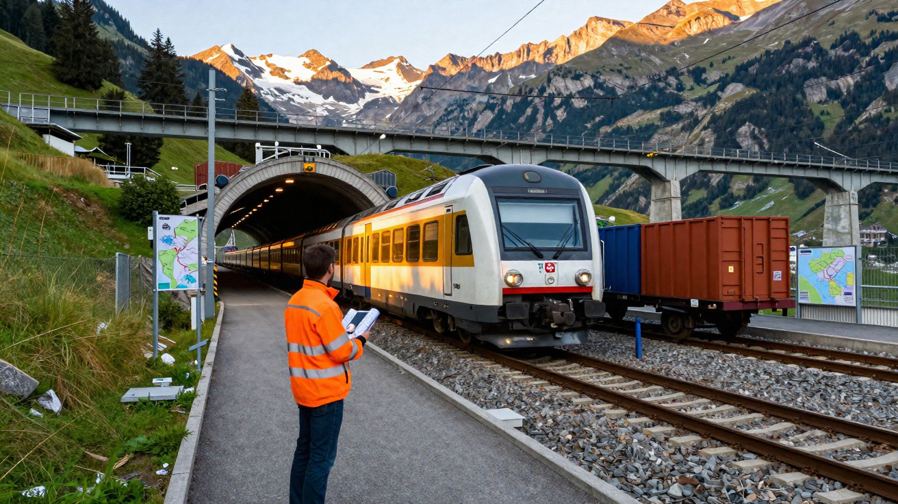 Homem com colete laranja observa comboio branco a sair de túnel na montanha ao pôr do sol.