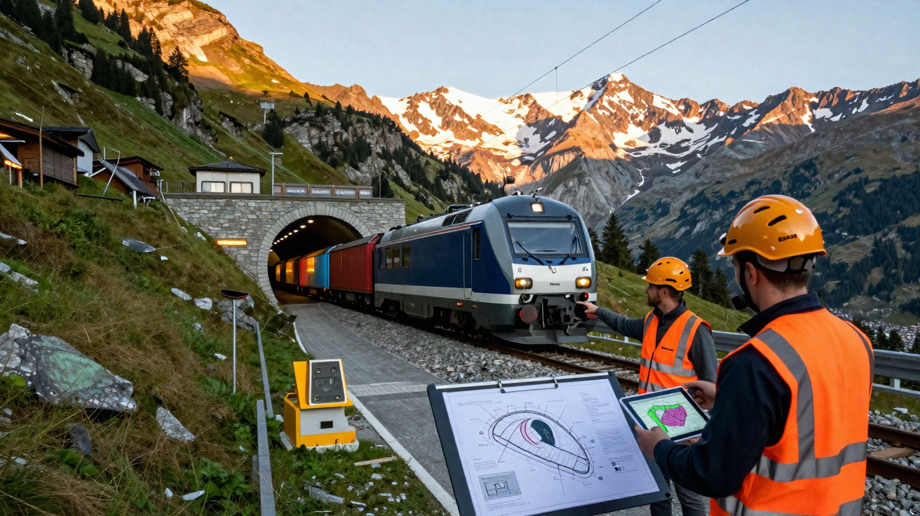 Dois trabalhadores com coletes e capacetes laranja monitorizam comboio de mercadorias azul perto de túnel em montanha nevada.