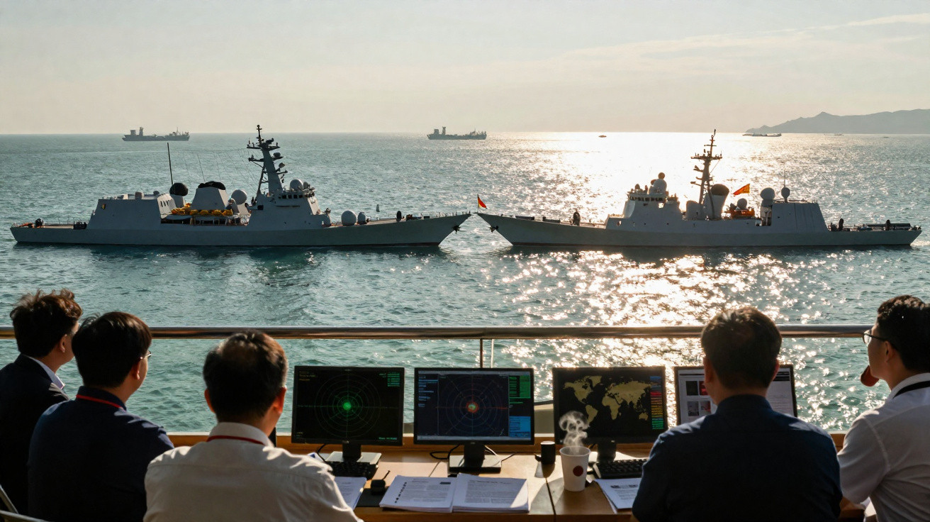 Cinco homens de costas observam dois navios de guerra a curta distância no mar com radar e mapas em ecrãs.