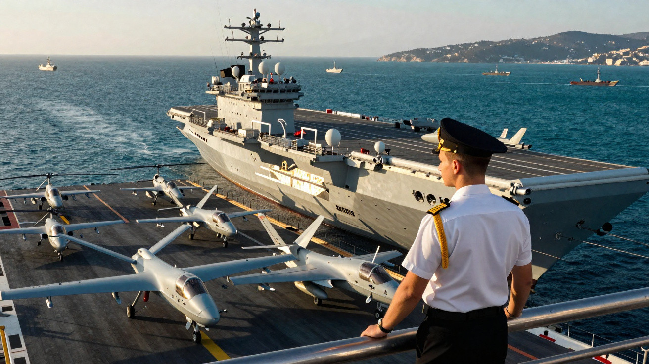 Oficial naval observa porta-aviões e aviões militares estacionados no convés ao pôr do sol no mar.