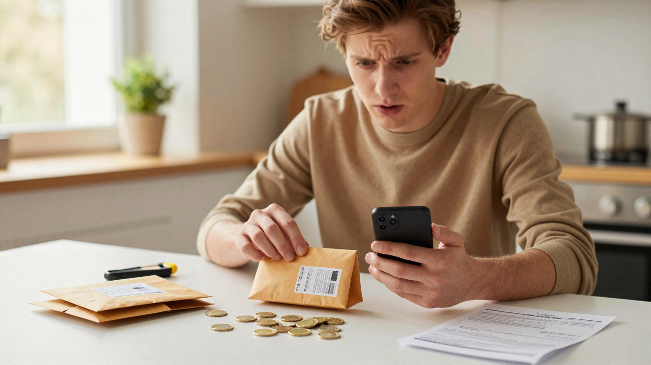 Homem preocupado com finanças a contar moedas e verificar telemóvel perante envelopes e documentos numa cozinha.