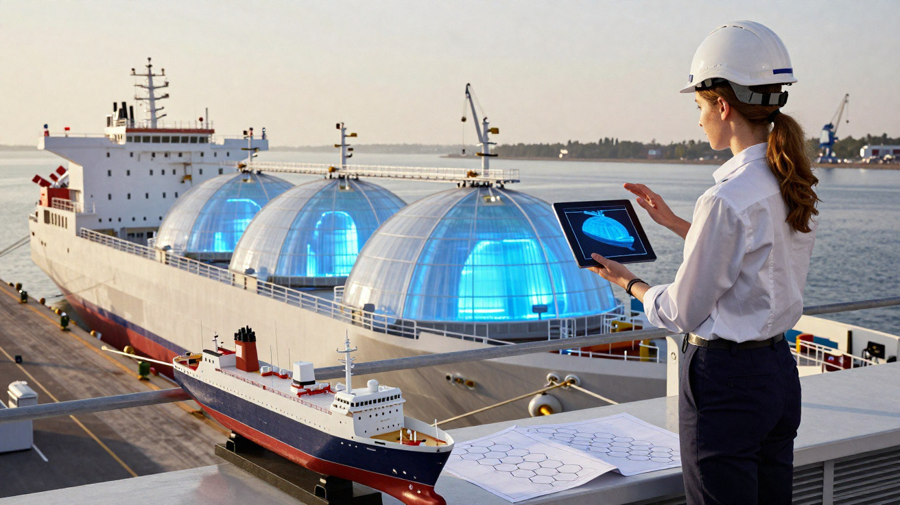 Mulher com capacete analisa navio tanque futurista num porto, usando tablet e plantas técnicas sobre a mesa.
