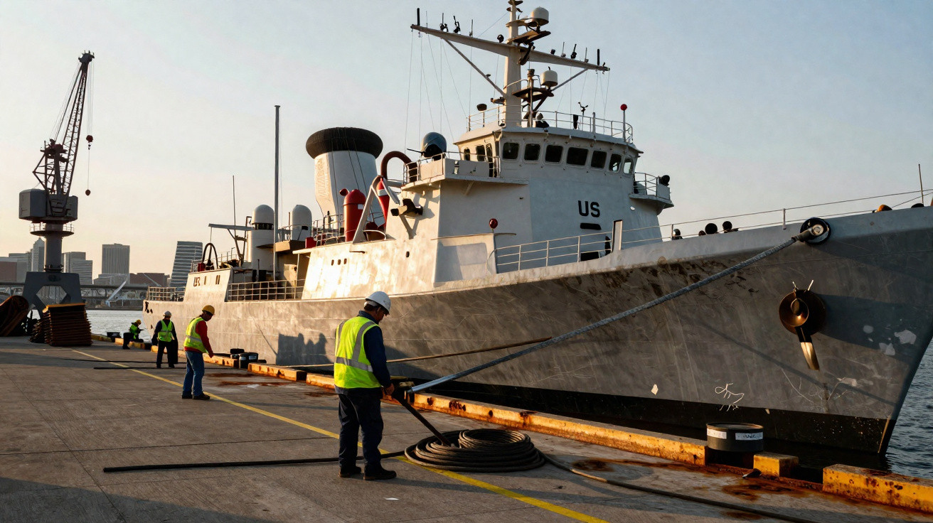 Três trabalhadores com coletes refletivos e capacetes preparam cabos na doca junto a um grande navio cinzento atracado.