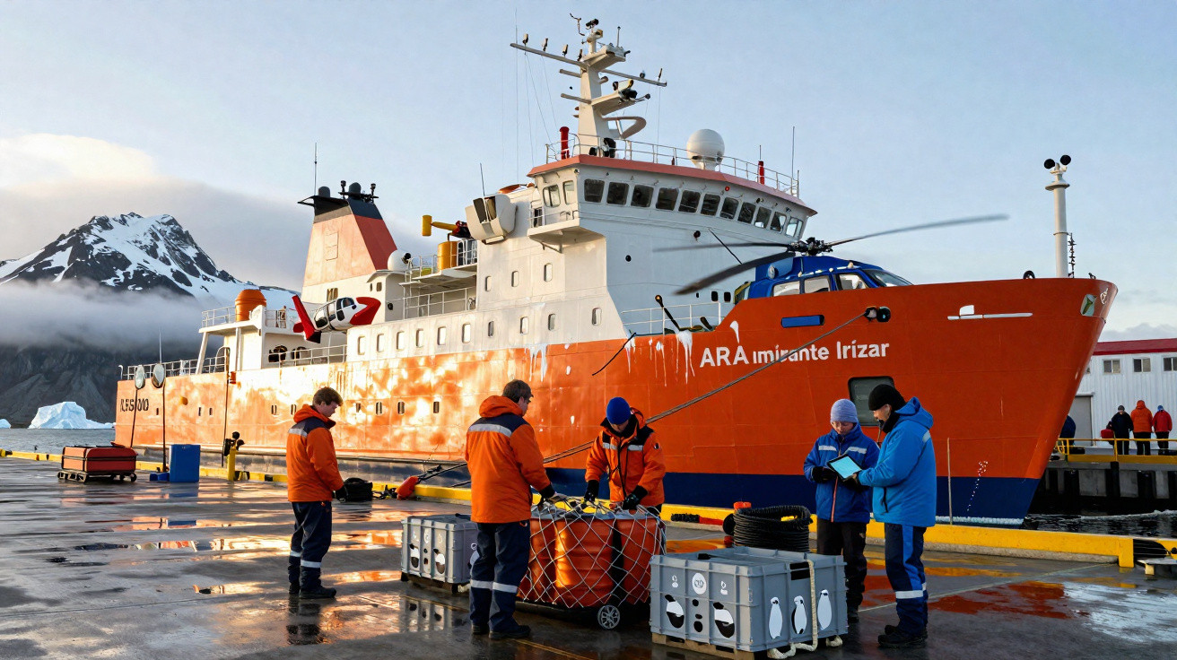 Pessoas em roupa térmica carregam equipamentos junto ao navio de investigação ARA Irízar num cais com montanhas nevadas ao fu