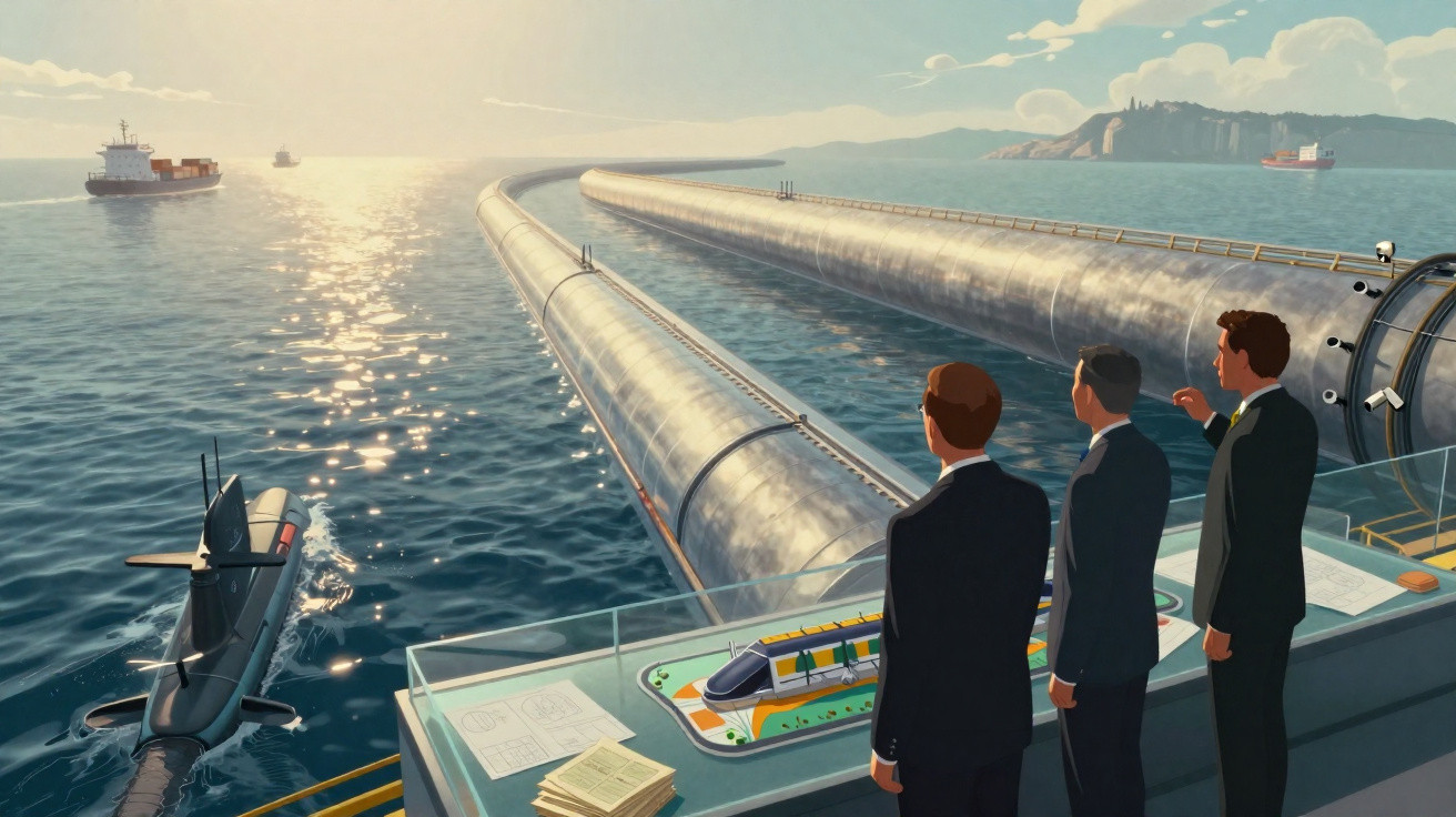 Três homens observam infraestrutura marítima com grandes tubos, submarino e navios ao pôr do sol.
