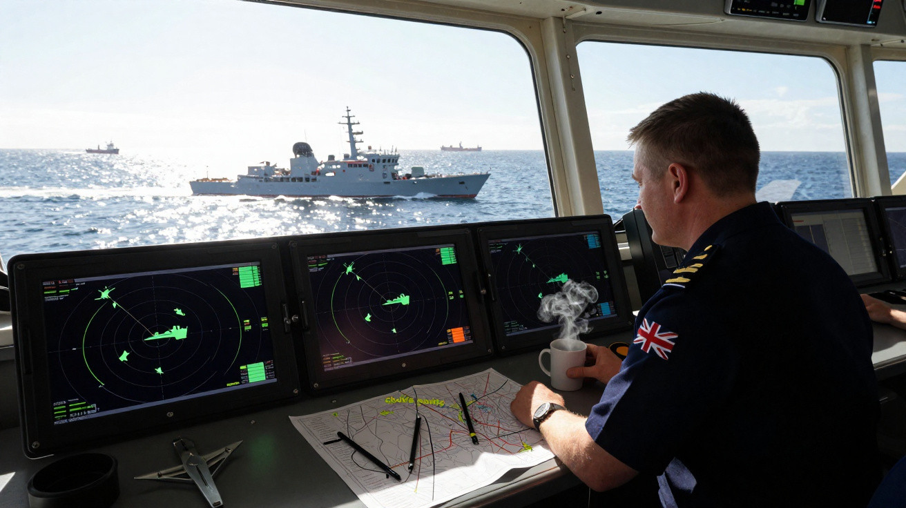 Militar na ponte de comando de um navio a observar e monitorizar radar com mapas e café na mão.