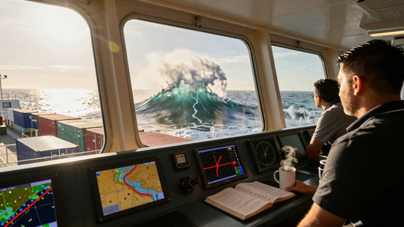 Dois marinheiros observam uma grande onda com relâmpago através da janela de comando de um navio cargueiro.