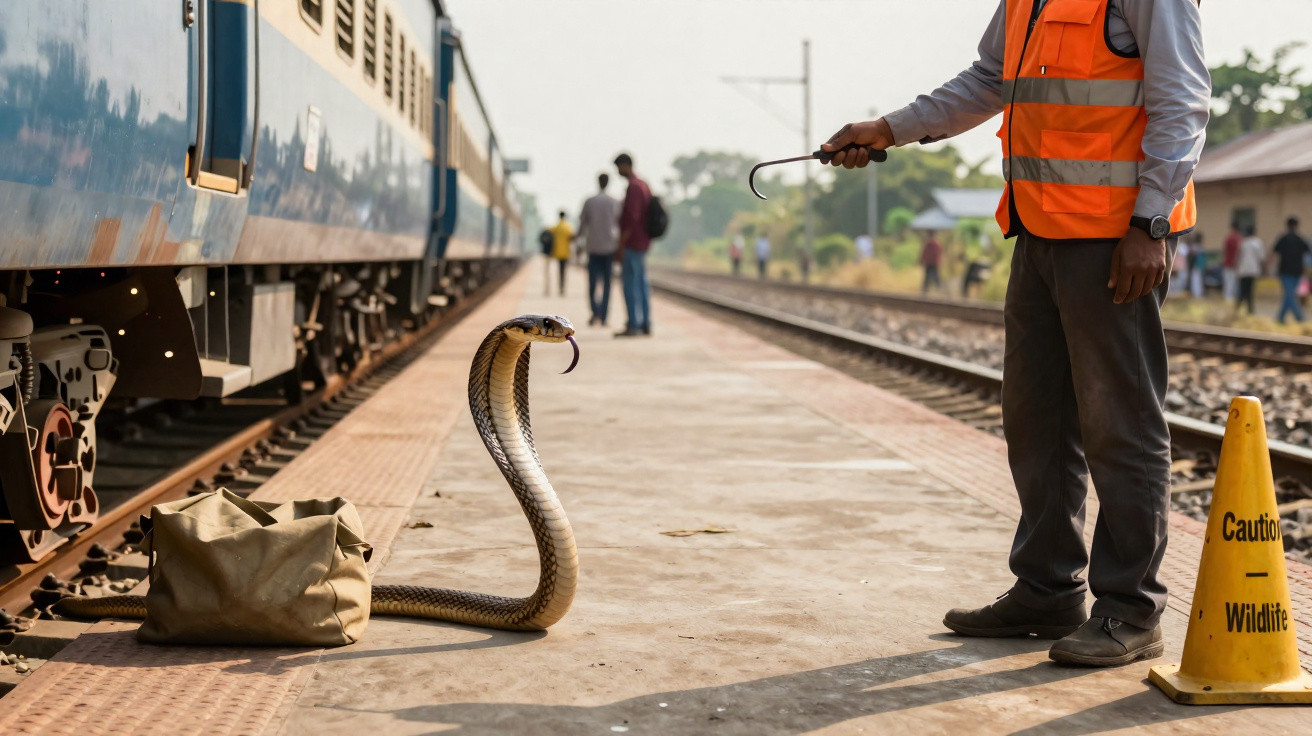 Homem com colete refletor a lidar com cobra na plataforma de estação ferroviária junto a comboio azul.