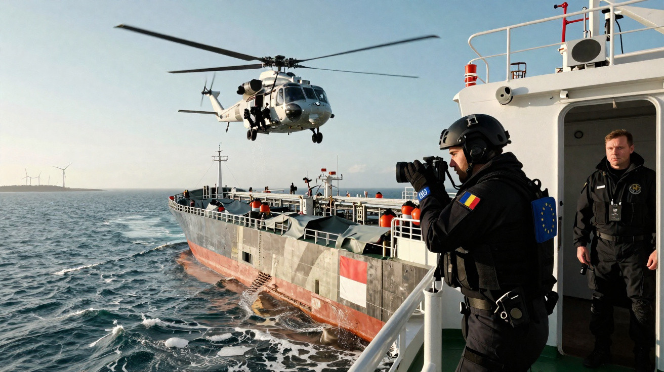 Operações marítimas com helicóptero militar sobrevoando navio e militares a bordo durante treino de patrulha costeira.