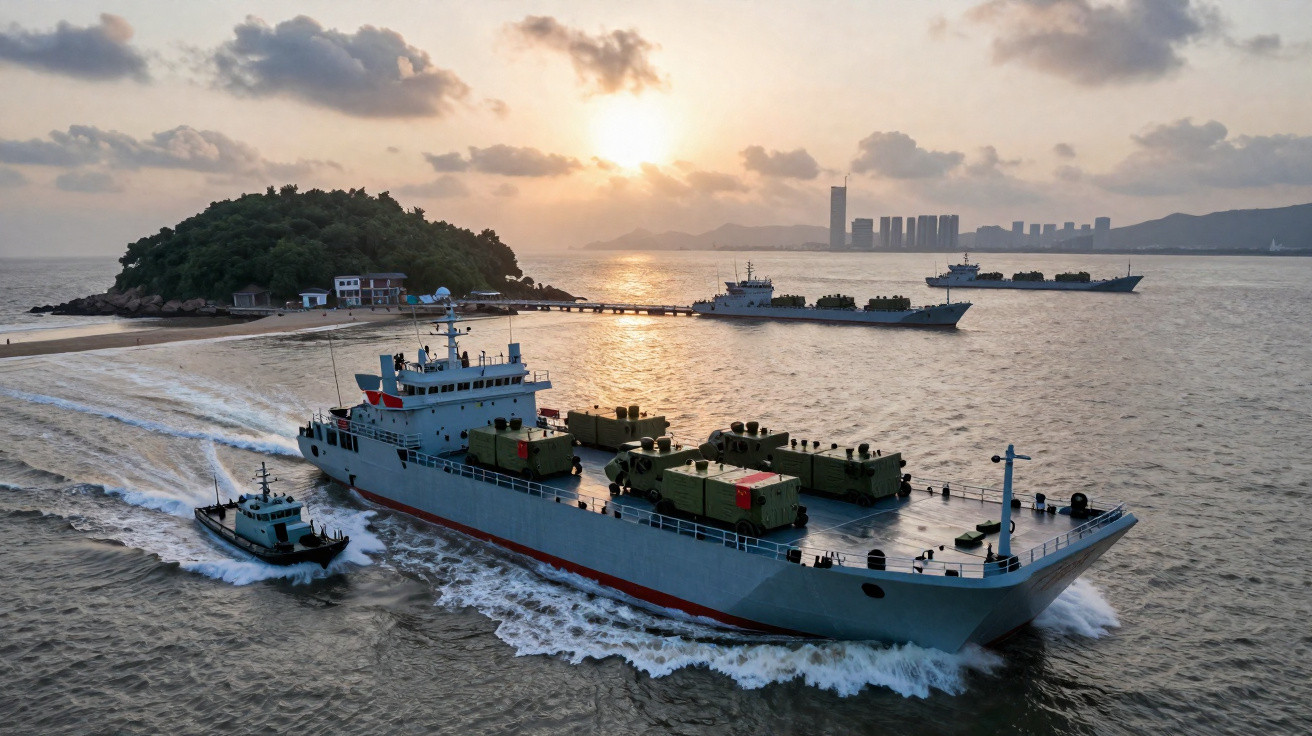 Navio militar com veículos militares a bordo navega perto de ilha ao pôr do sol, com cidade ao fundo.