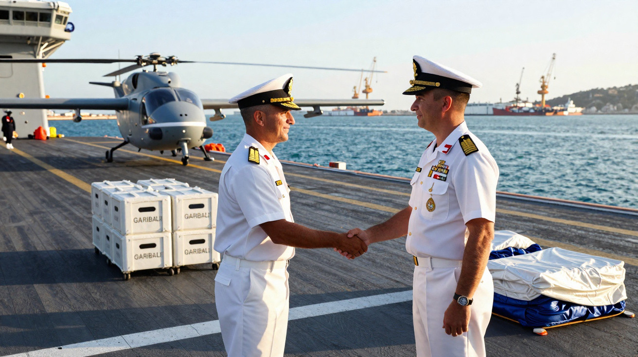 Dois oficiais da marinha de uniforme branco apertam as mãos no convés de um navio, com um helicóptero ao fundo.