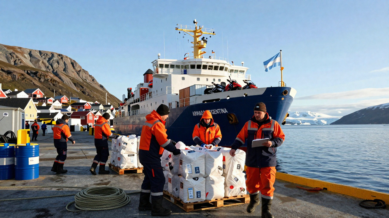 Trabalhadores em roupa laranja descarregam carga no cais junto a um navio com bandeira da Argentina.