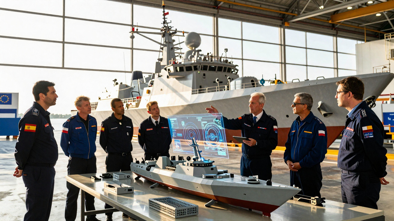 Grupo de homens em uniforme naval em discussão junto a maquete de navio e holograma num estaleiro.