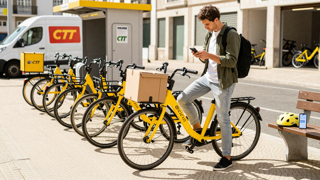 Homem com mochila numa bicicleta amarela de entregas da CTT consulta telemóvel junto a estação de bicicletas partilhadas.