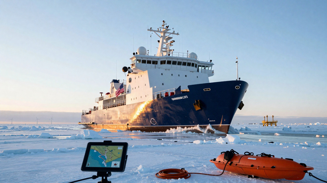 Navio de pesquisa rompe gelo no Ártico com equipamento e bote laranja no gelo congelado.