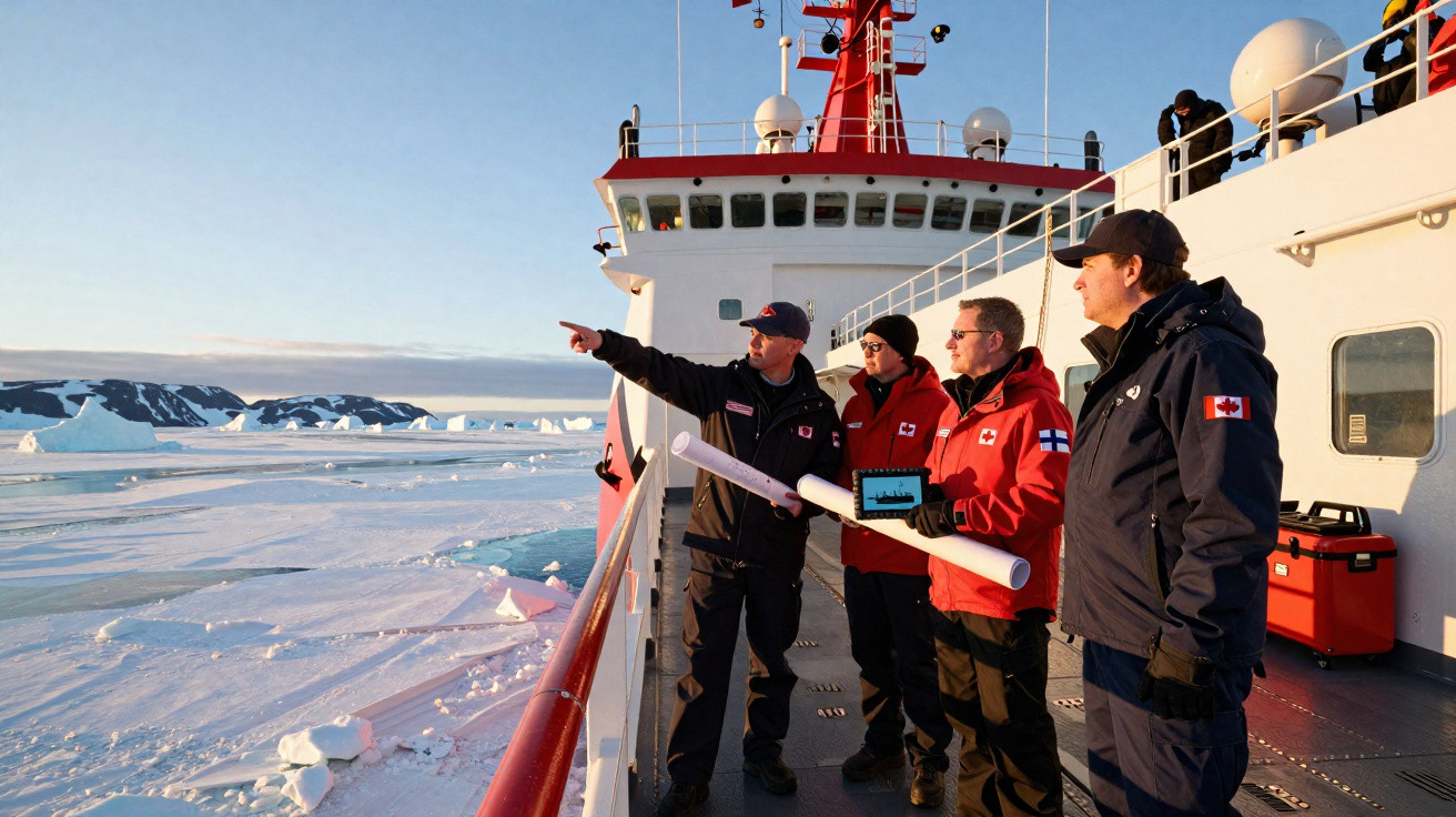 Quatro pessoas com roupas de frio observam glaciares do convés de um navio no Ártico durante o pôr do sol.