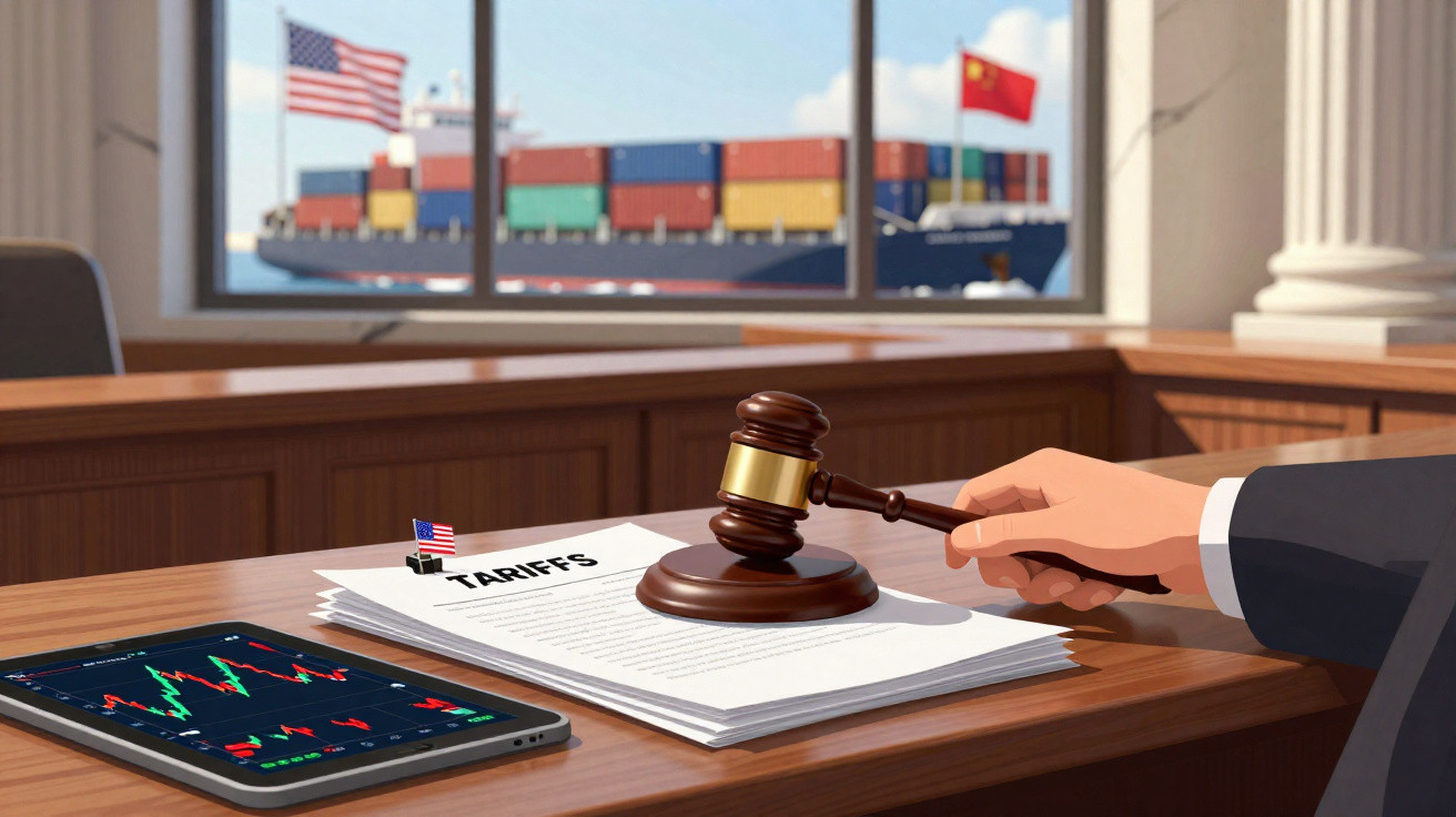 Mão a bater martelo sobre documentos de tarifas com bandeira dos EUA, navio cargueiro e bandeiras dos EUA e China ao fundo.