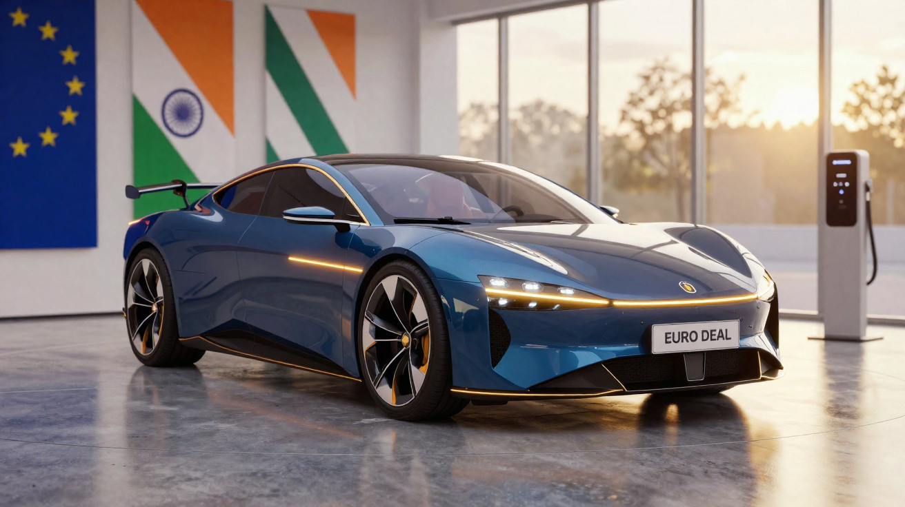 Carro desportivo elétrico azul num showroom com bandeiras da União Europeia e Índia, posto de carregamento ao lado.