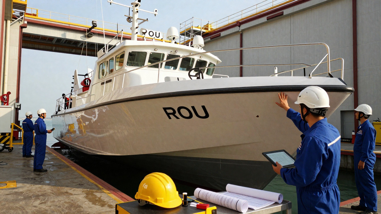 Vários técnicos com capacetes inspecionam um barco branco chamado ROU numa doca industrial.