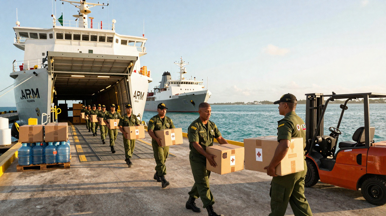Militares descarregam caixas de ajuda humanitária de navio no porto junto a empilhadora.