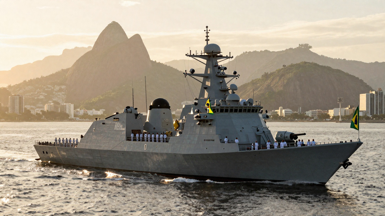 Navio de guerra brasileiro com tripulação a bordo navega em baía com montanhas e cidade ao fundo ao pôr do sol.