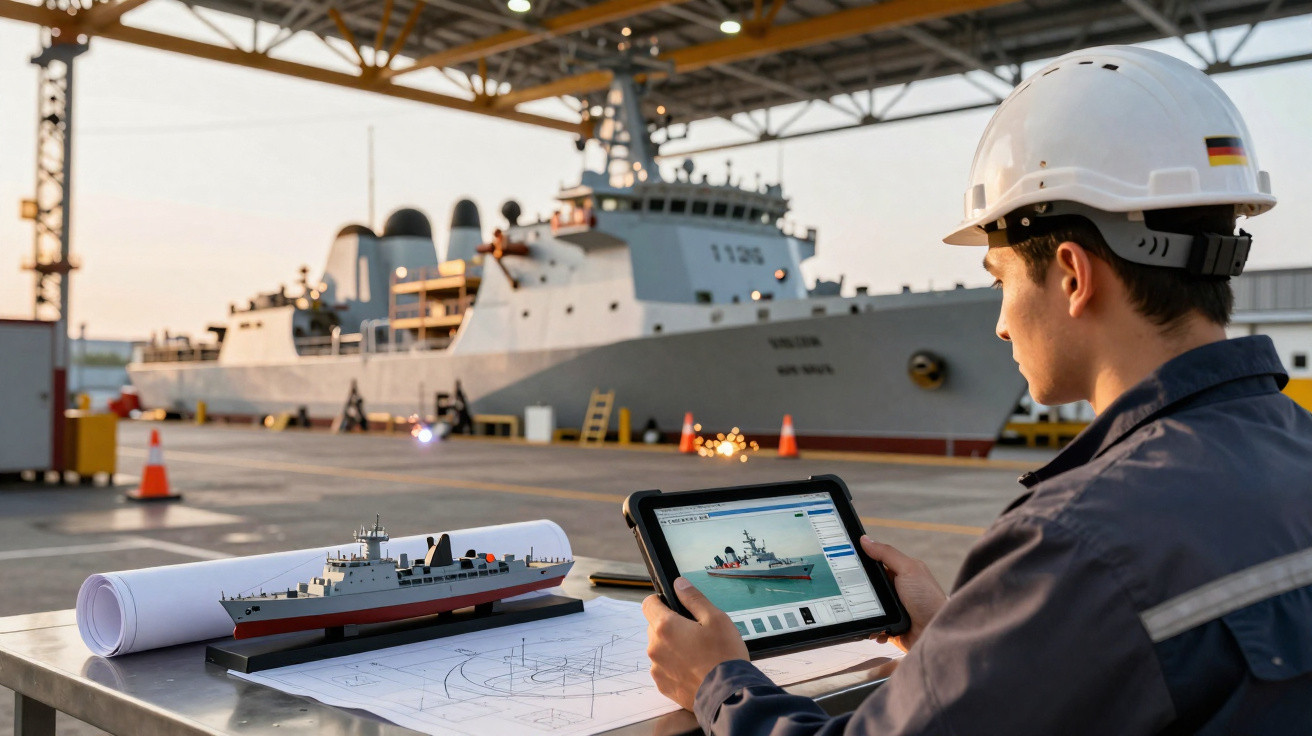 Engenheiro naval analisa modelo 3D de navio com tablet, junto a maquete e desenhos técnicos, num estaleiro.