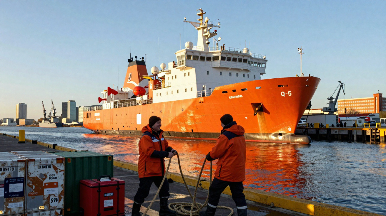 Dois marinheiros com casacos laranja manuseiam cabos num cais junto a um grande navio laranja atracado ao porto.