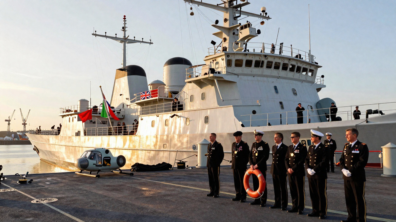 Oficiais navais em uniforme alinhados no convés junto a navio militar atracado ao pôr do sol.