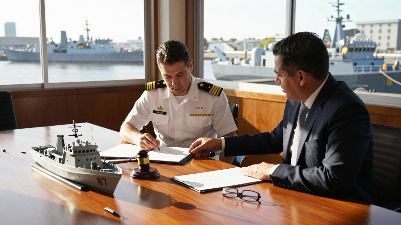 Dois homens, um militar naval e outro de fato, assinam documentos numa sala com vista para navios militares.