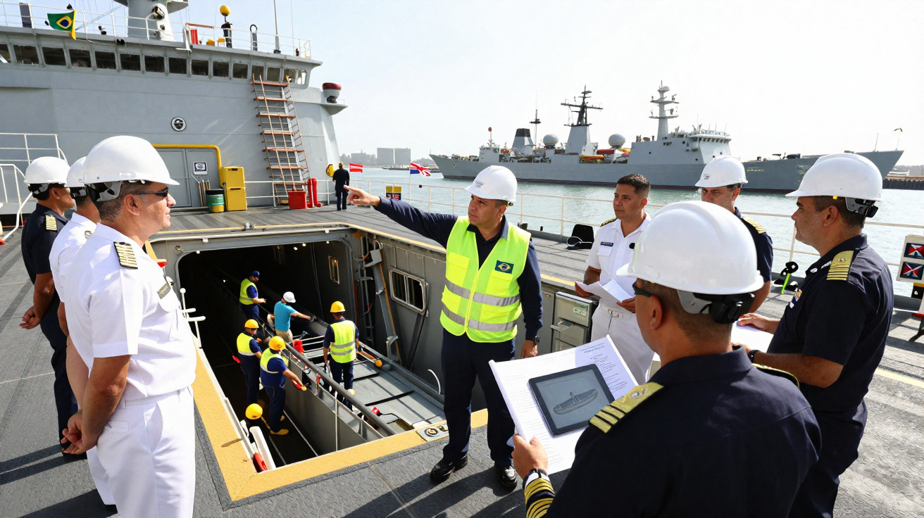 Militares com capacetes e coletes refletores no convés de um navio, com outro navio ao fundo no porto.