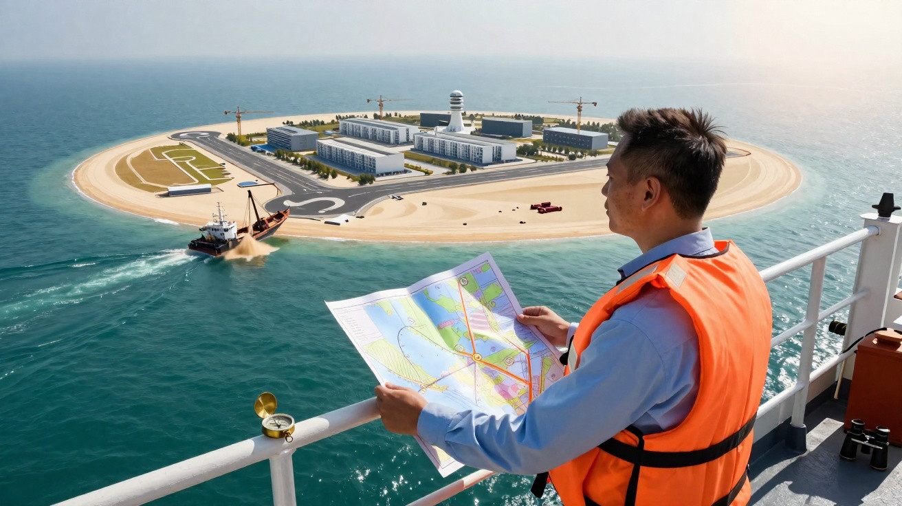 Homem com colete salva-vidas vê planta de ilha artificial com edifícios e construção no mar.