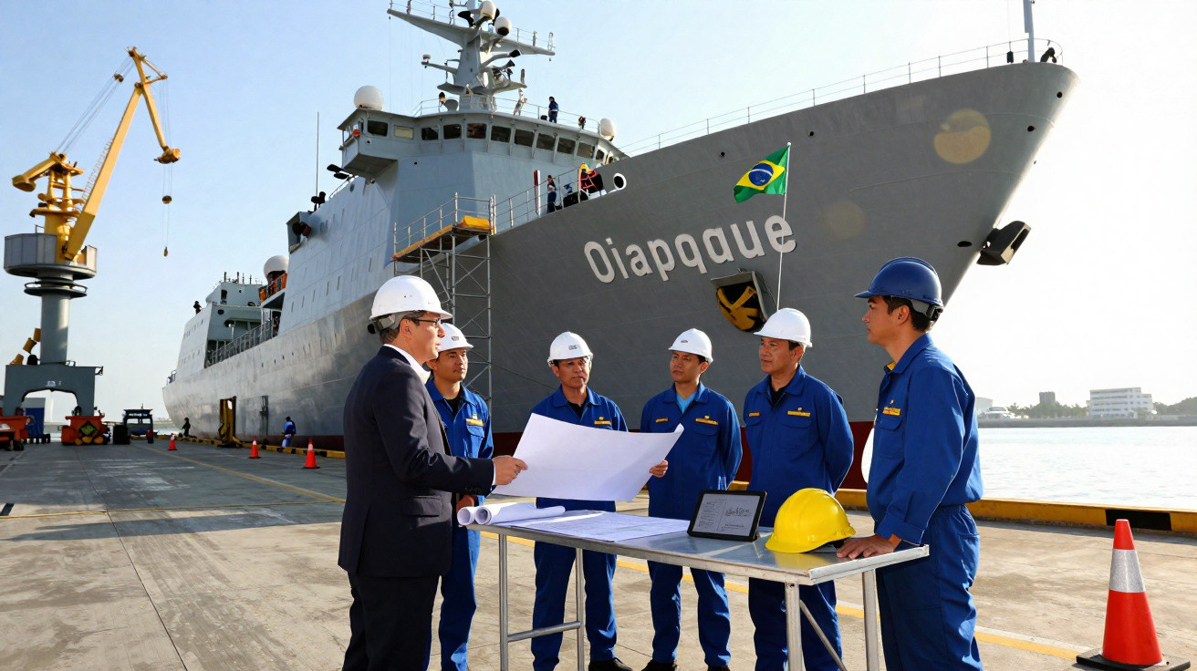 Equipa de trabalhadores de azul e com capacetes reúne à frente do navio Oiapoque num porto industrial.