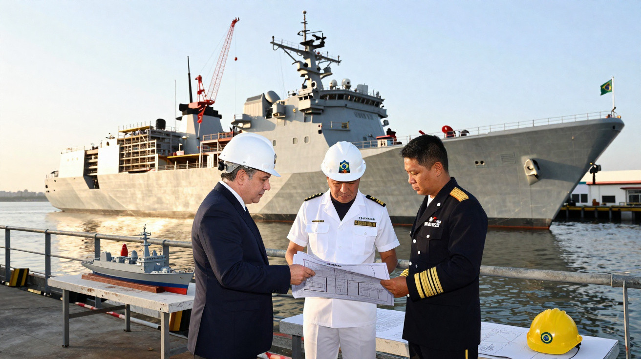 Três homens com capacetes e uniformes consultam plantas numa doca com um navio militar ao fundo.