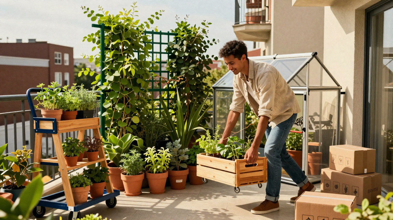 Homem a cuidar de plantas em varanda urbana com várias plantas em vasos e caixa de madeira.