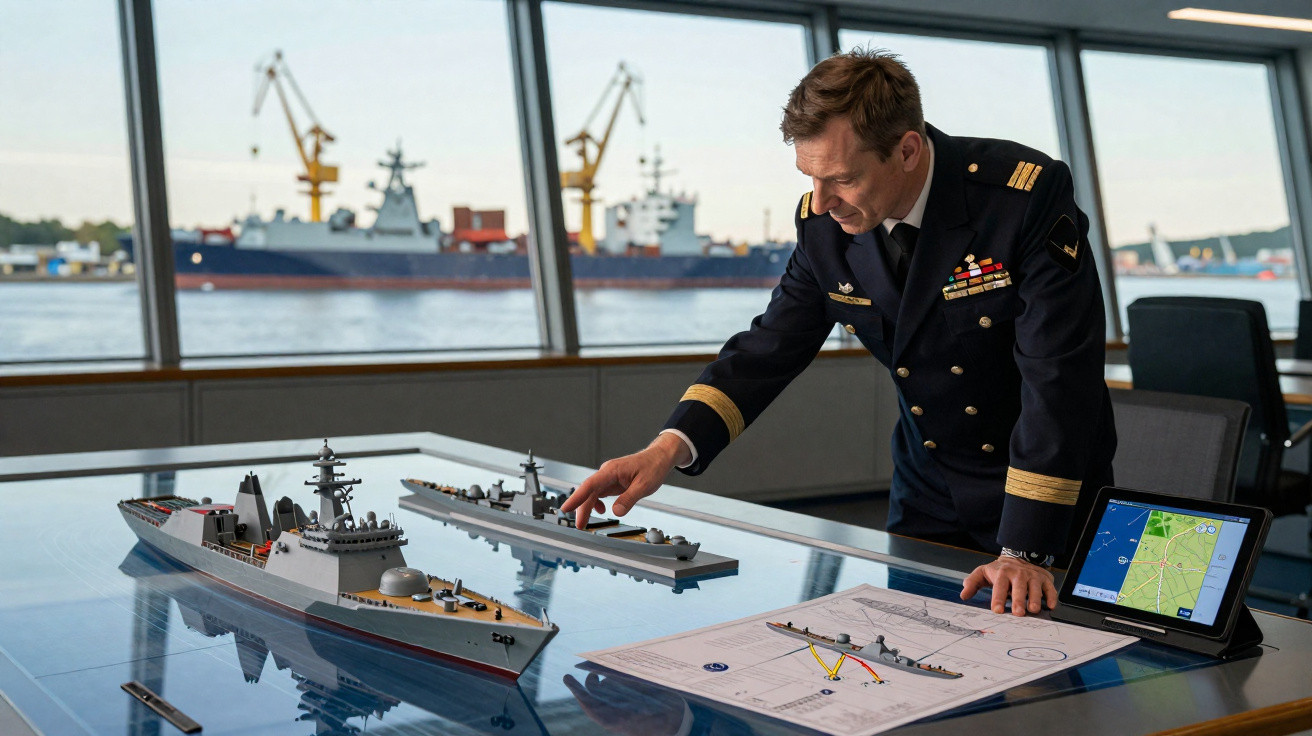 Homem fardado observa maquete de navios de guerra numa sala com vista para porto industrial.