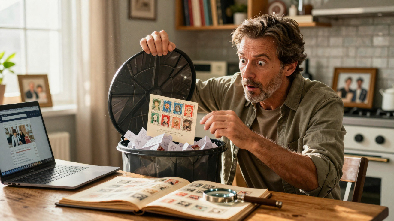 Homem surpreendido encontra folha com selos num caixote do lixo numa cozinha, com álbum de selos aberto à frente.