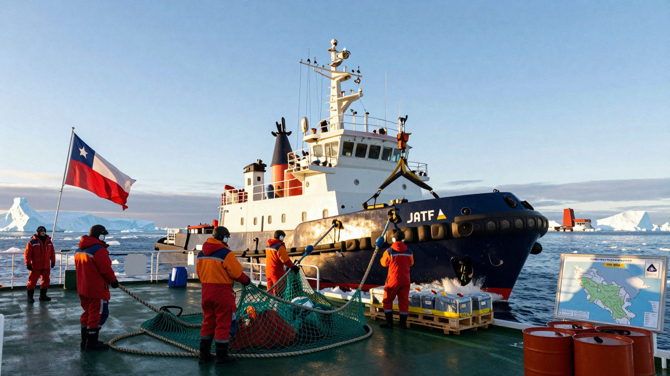 Tripulação com roupa vermelha a preparar cargas no convés de um navio na Antártica, com icebergues e bandeira do Chile.