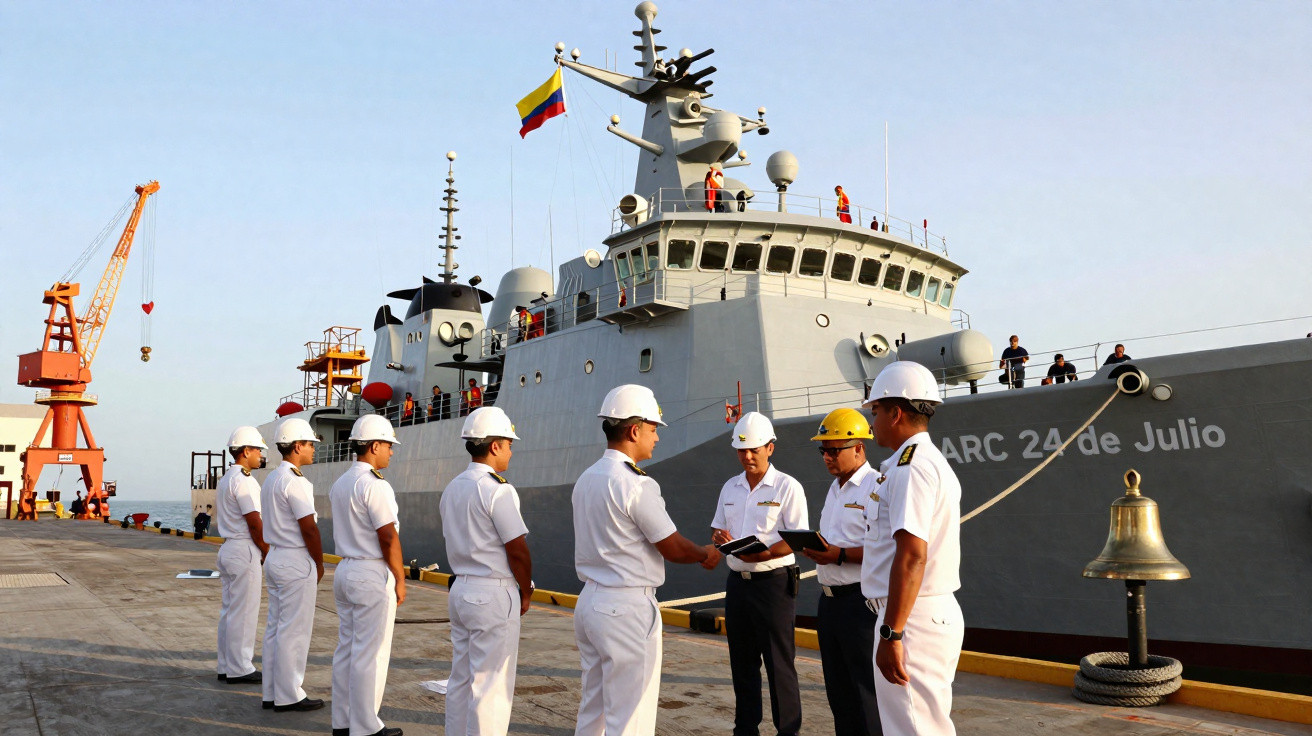 Marinheiros de uniforme branco e capacetes reunidos no cais junto ao navio ARC 24 de Julio com a bandeira da Colômbia.