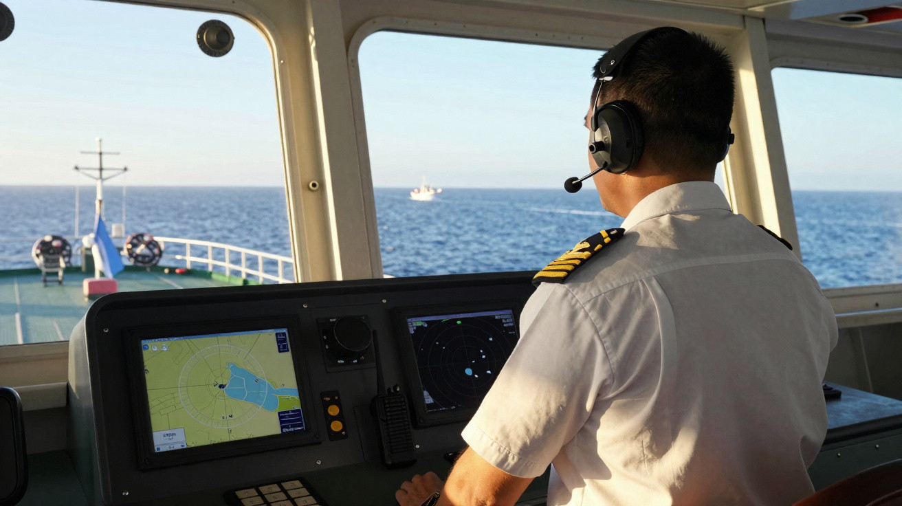 Piloto de navio com headset a operar equipamentos de navegação em ponte de comando com vista para o mar.
