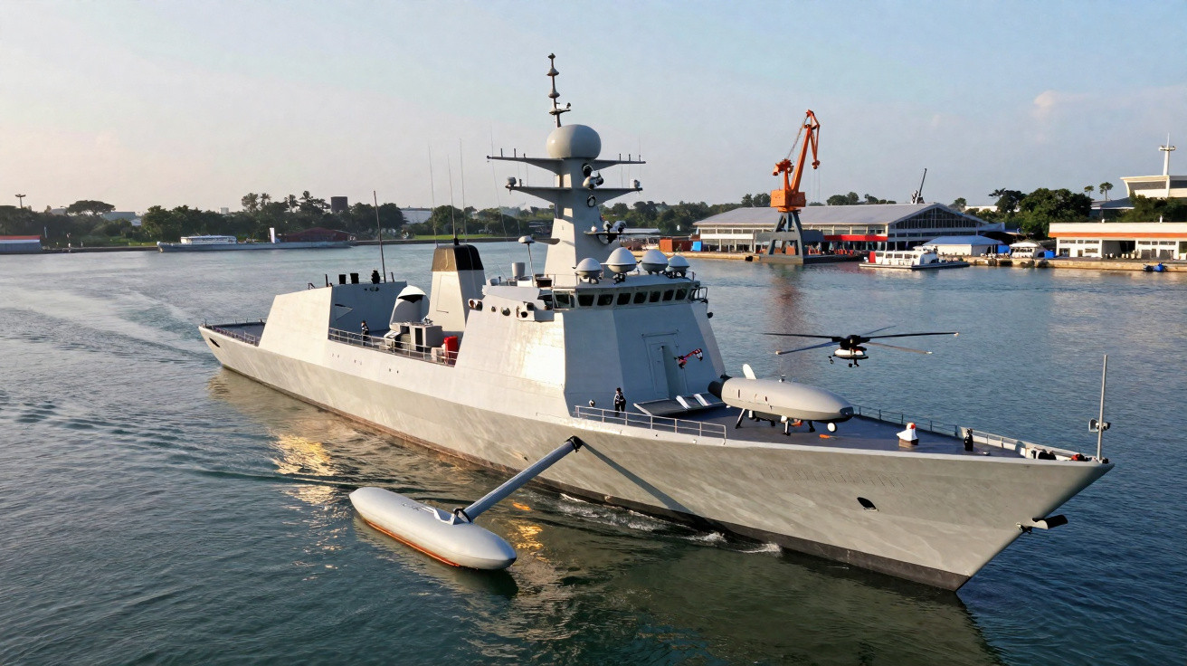 Navio militar cinzento com drone e rebocador no porto em dia claro.
