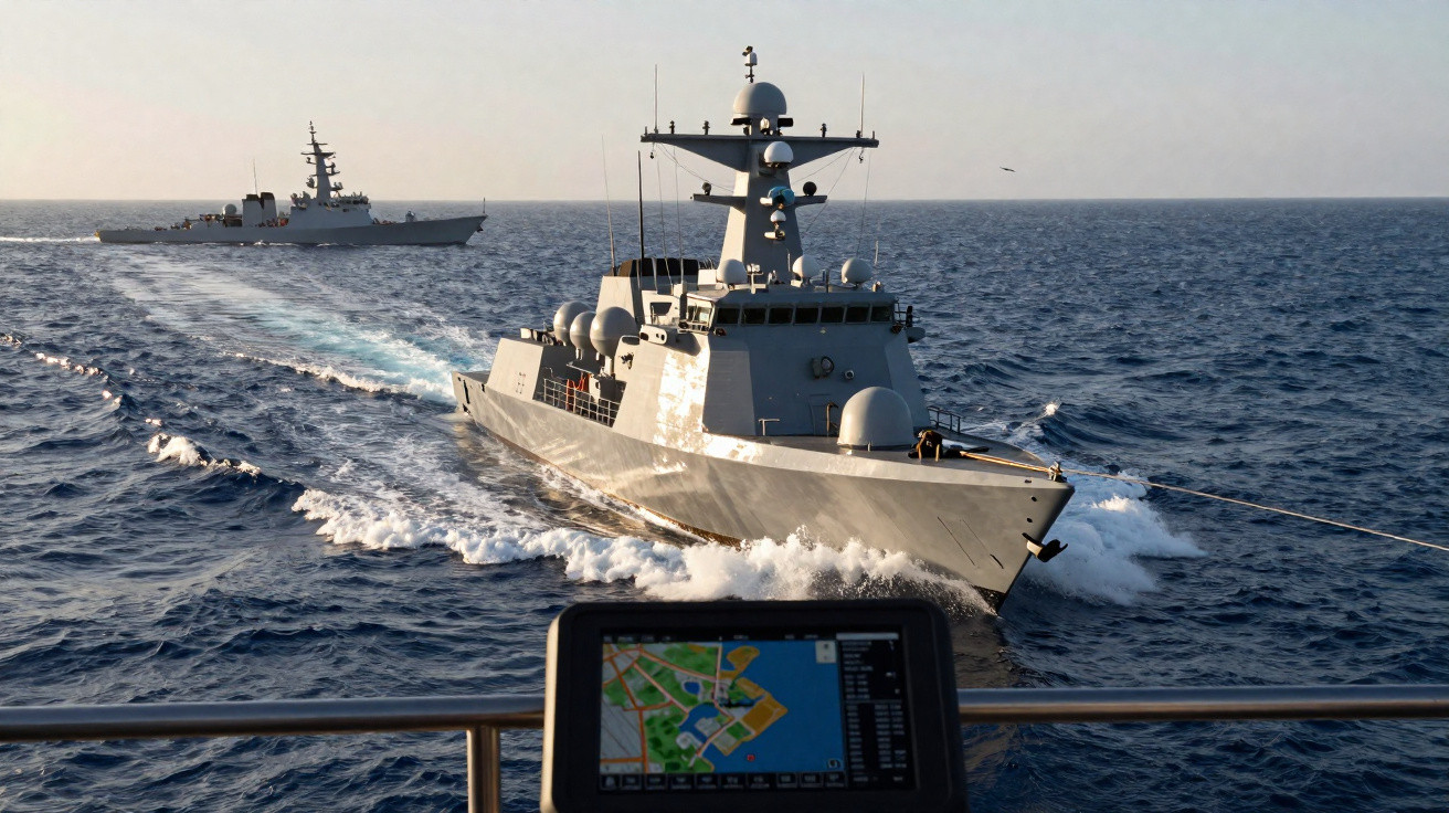 Duas embarcações militares no mar, uma a ser rebocada e um ecrã com mapa náutico em primeiro plano.