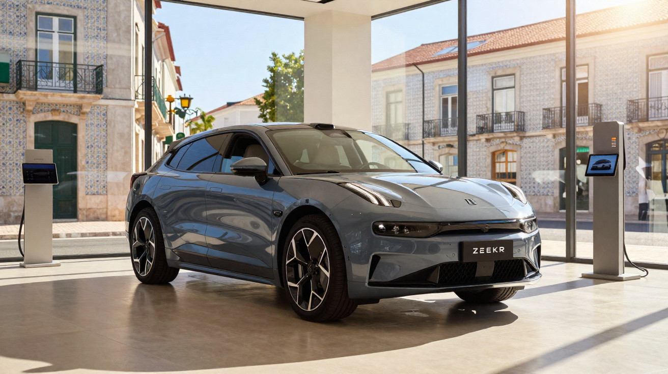 Carro elétrico cinza estacionado em espaço moderno com painéis de vidro e estações de carregamento.