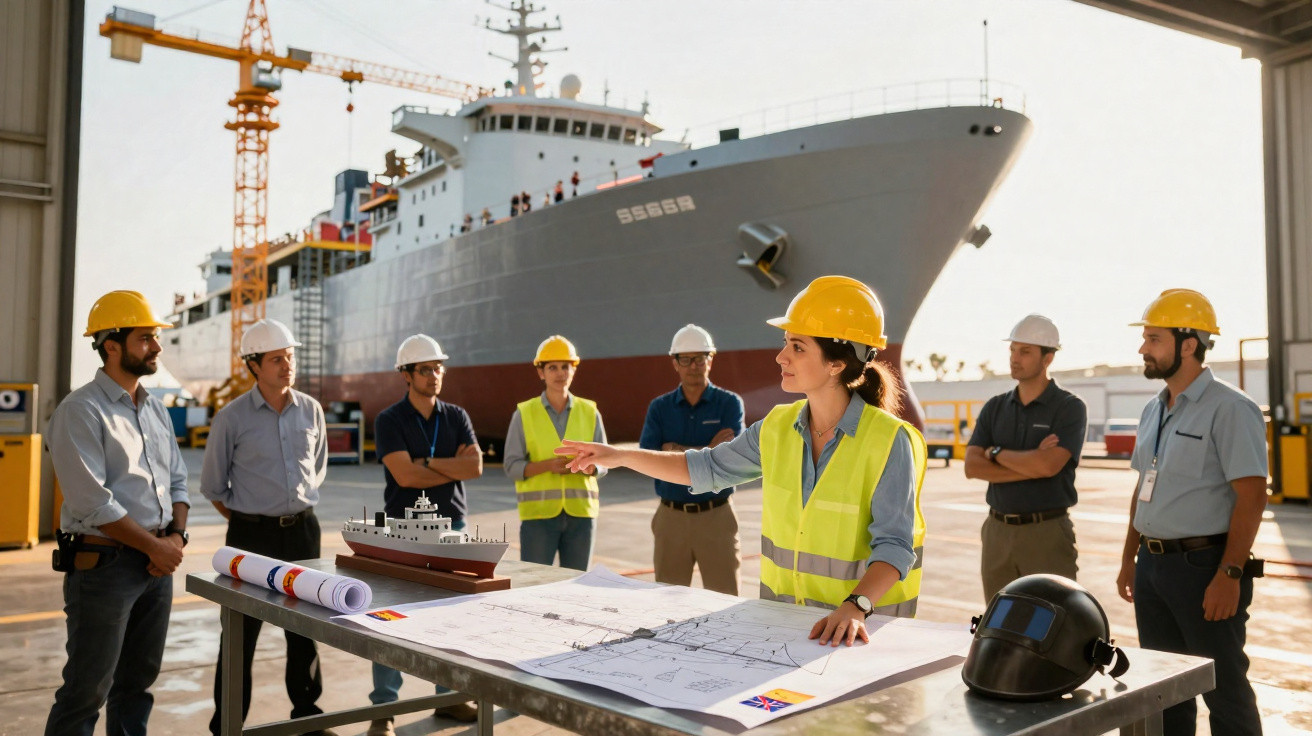 Engenheira a liderar reunião de equipa com engenheiros e operários na doca, com navio e guindaste ao fundo.