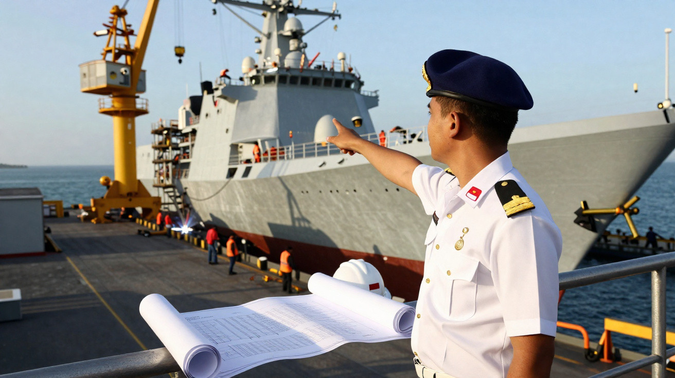 Marinheiro em uniforme branco aponta para navio militar cinzento atracado num porto industrial.