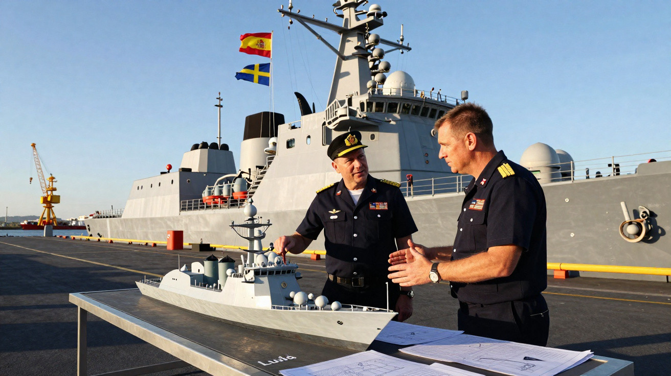 Dois oficiais navais discutem junto a modelo de navio militar num porto com navio de guerra ao fundo.