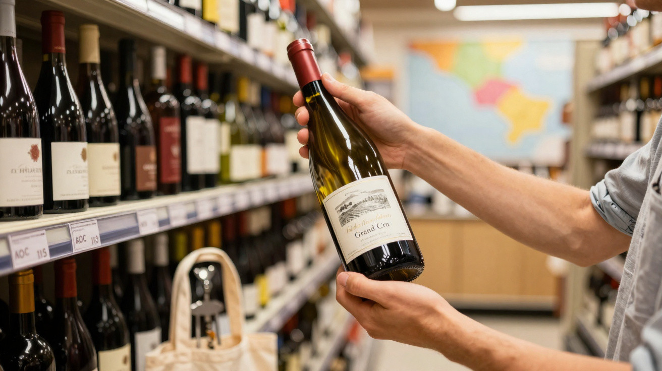 Pessoa segurando uma garrafa de vinho branco numa prateleira de supermercado ou garrafeira.